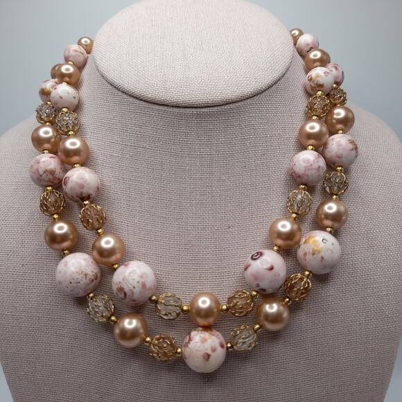Vintage Deauville Art Bead Necklace, Faux Pearl Beads, Pink White Gold, 1960s - Picture 2 of 11